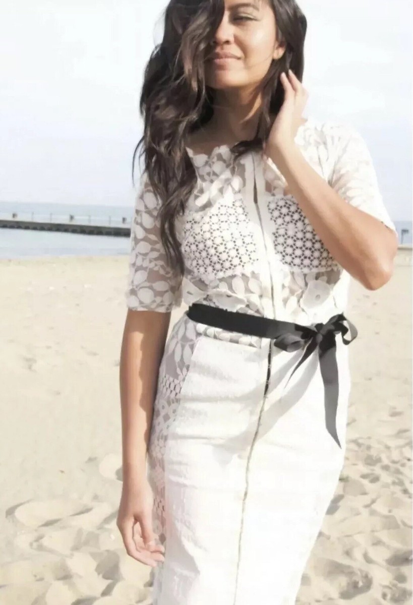 white lace dress with black belt IGIGI Berenice White Lace Classy Dress Black Belt Cocktail Plus Sz 12