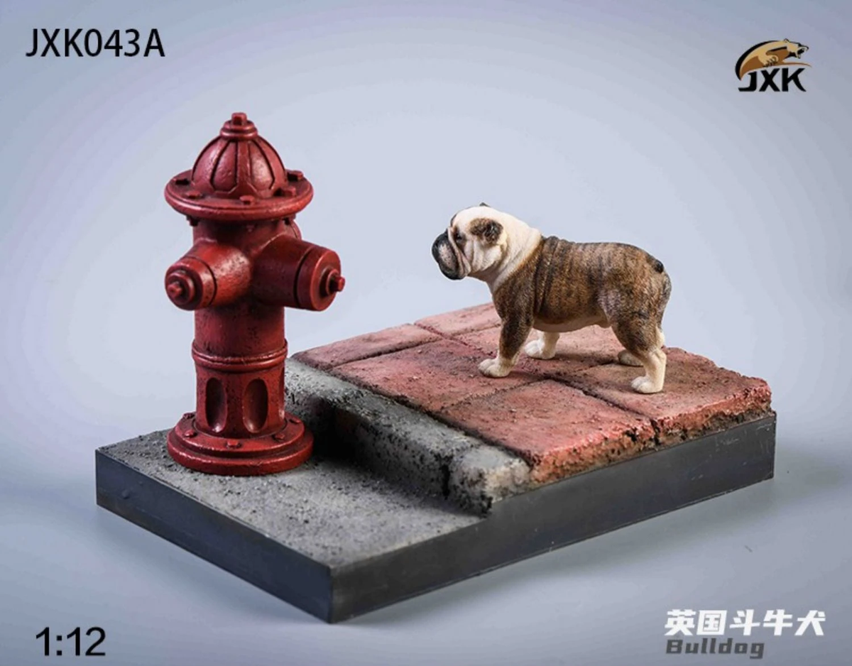 JXK 1/12 Bulldog Dog Pet Figure with Base Animal Model Adult Xmas