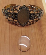 FILIGREE BRACELET CUFF Antique Brass Finish w/ 25x18mm Clear Glass Oval Cabochon