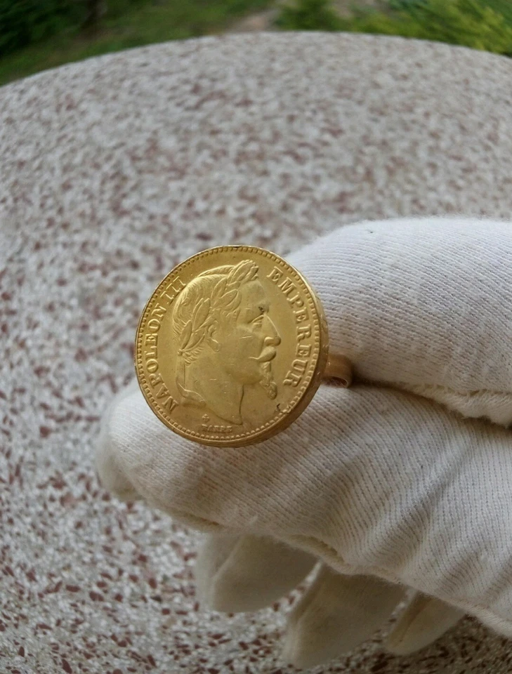 Bague Chevalière Napoléon III 20 Francs Doré Or Fait Main - Photo 1/4