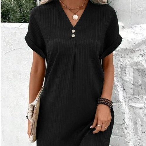 Women Button V Neck Short Sleeve T-Shirt Dress Basic Loose Fit Dresses S-3XL - Picture 6 of 29