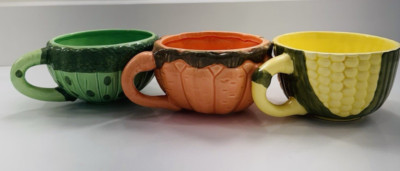 Soup Mugs (3) Carrot, Corn Asperagus Vintage, 5'' x 3'', Ceramic