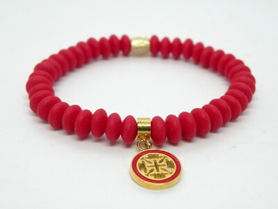 RC Rustic Cuff Signed Red Silicon Beaded Stretchable Charm Gold Jewelry Bracelet