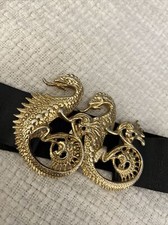 Vintage Gold Dragons Belt Buckle On Leather Goldtone Metal Mythical Fantasy