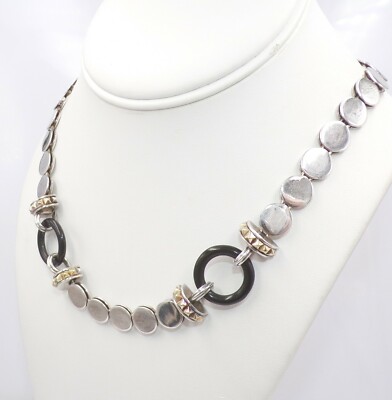 Lagos Caviar Sterling Silver & 18K Gold Black Ceramic Circle Disc Necklace LLE3