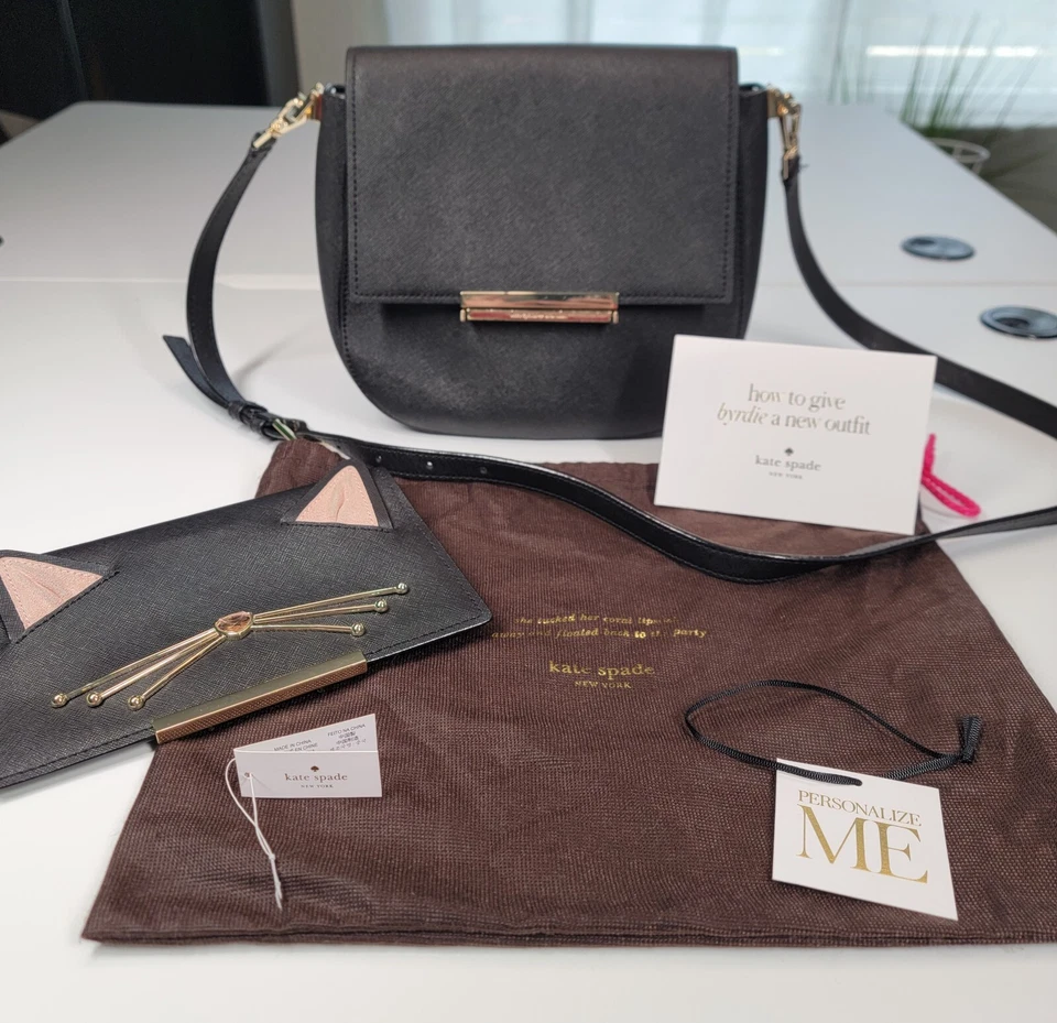 Bolso Bandolera Kate Spade Make It Mine Byrdie Cuero Negro Extra Gatito Gato Solapa Foto 2 de 4