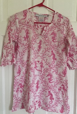 Gretchen Scott Sz 10/12 cover up  Girls Tunic Dress  Pink White Seahorse