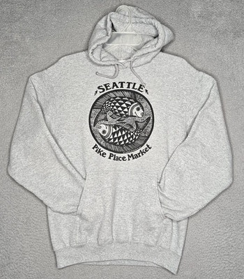 Seattle Pike Place Market Hoodie Sweatshirt - Men's Small - Fish Graphic - Gray