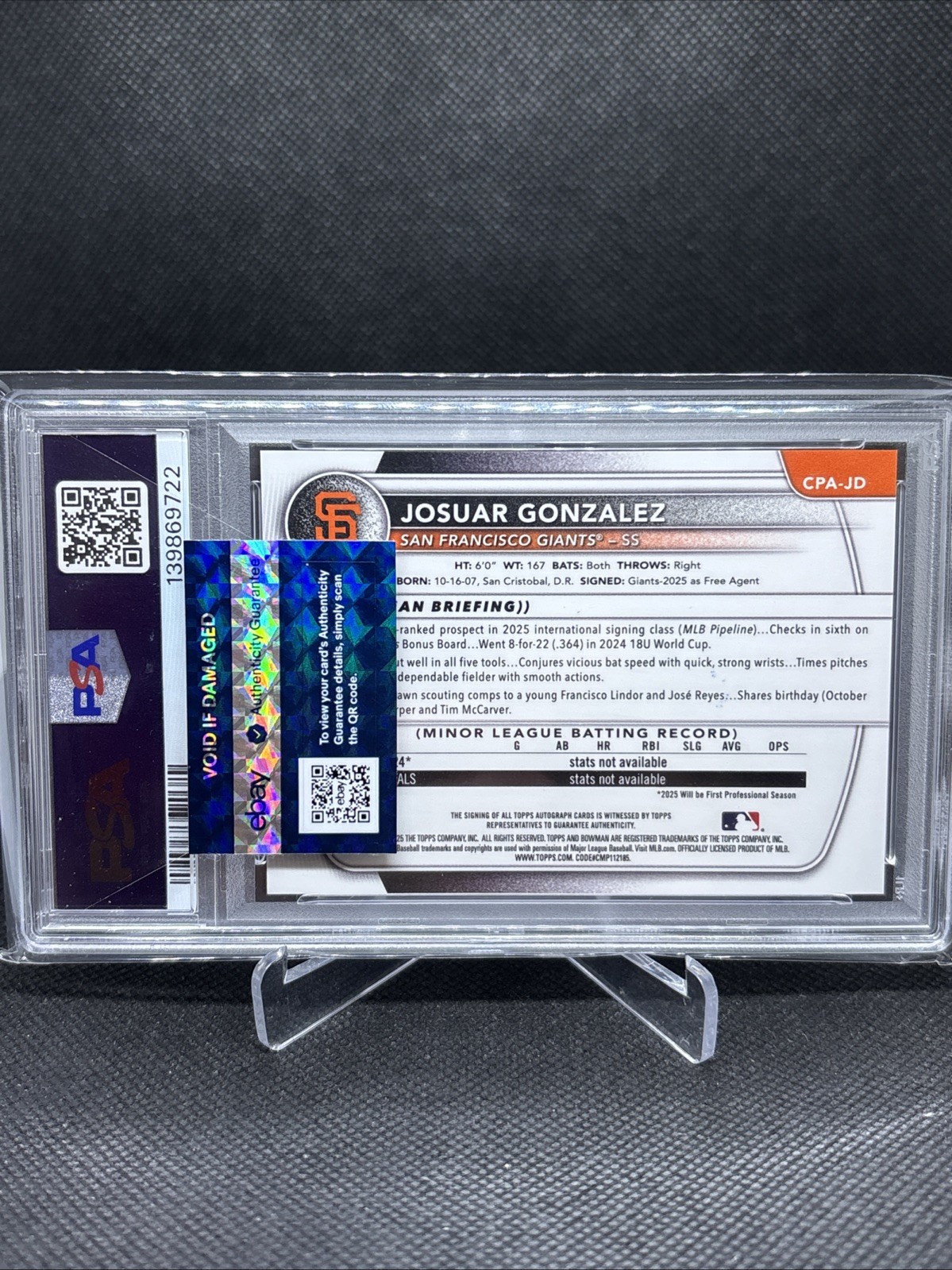 2025 Bowman Chrome Josuar Gonzalez 1st Chrome Auto PSA 10 GEM Giants RC CPA-JD view 2