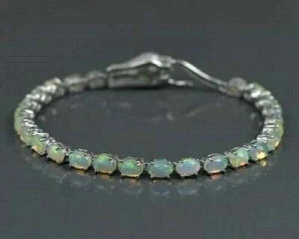 Pulseira de tênis oval 12 quilates opala fogo diamante esmeralda folheada a ouro branco 14K cobra - Imagem 4 de 4