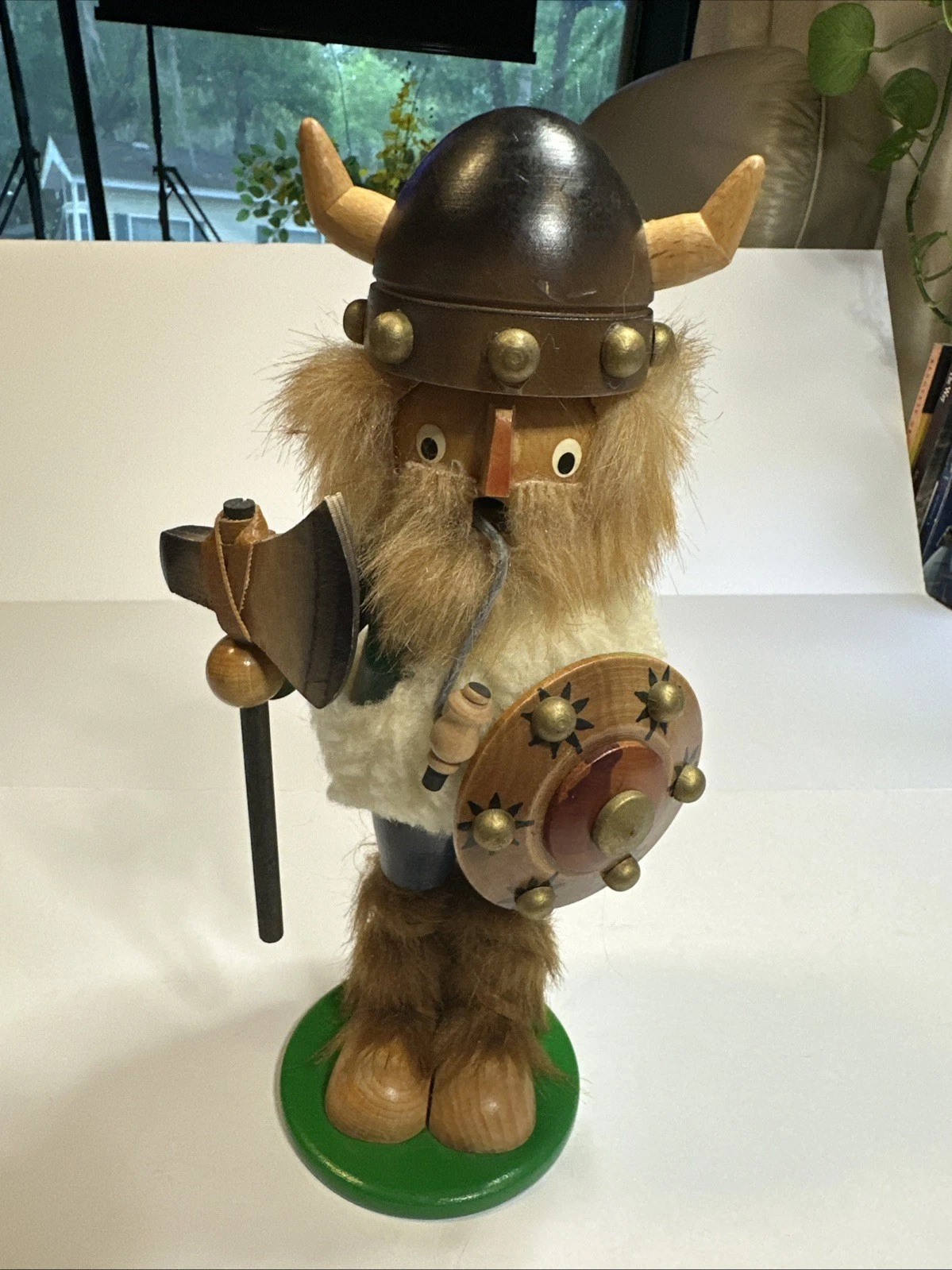 Vintage German Viking Nutcracker Smoker Wooden Warrior Axe Shield Hirschmann