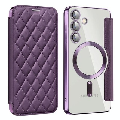 MagSafe RFID Shield Rauten Leder Tasche Lila für Samsung Galaxy S25+ 5G