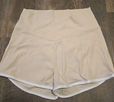 Esobo Women's Crossover High Waist Athletic Workout Running Shorts Khaki Medium