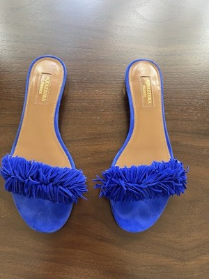 Aquazzura Firenze Wild Thing Slide Flat Blue Suede Size 36