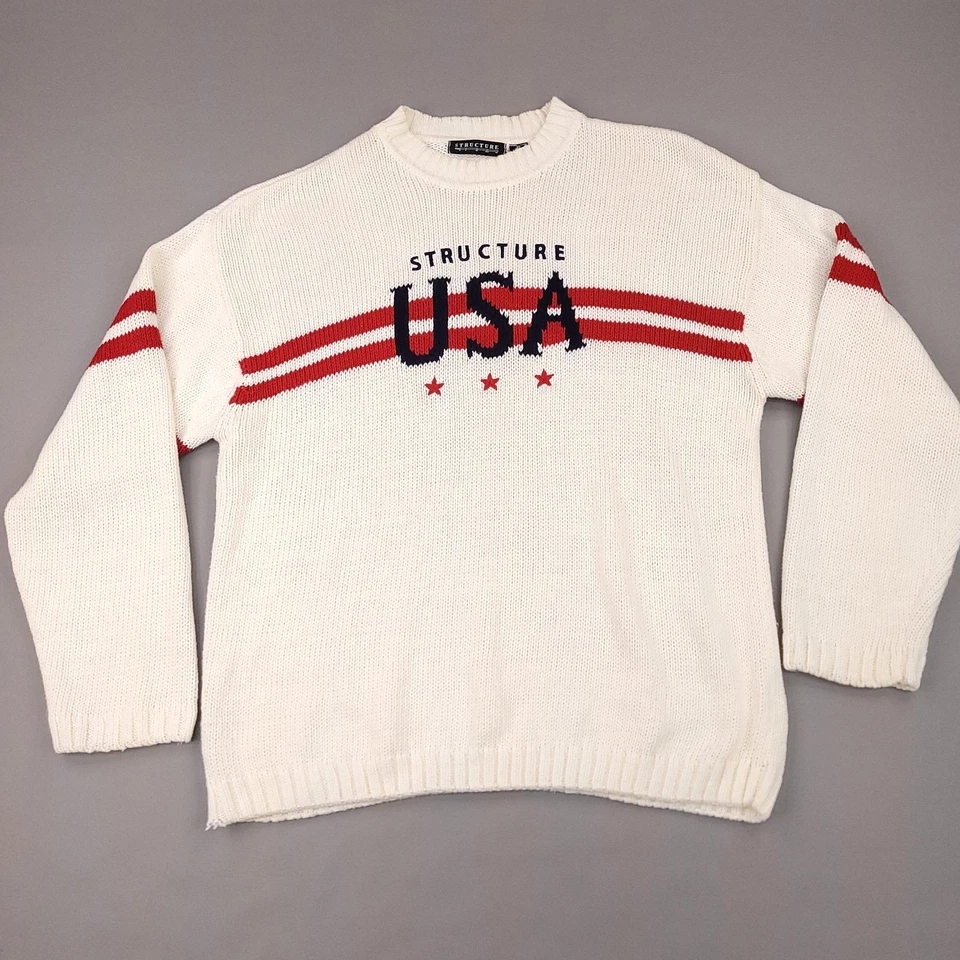 Structure Sweater Mens XL White Red USA Crewneck Knit Patriotic Pullover Y2K - Image 3 of 4