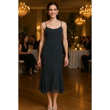 JKARA Navy Blue 6 Fairy Whimsigoth Beaded Midi Bodycon Dress Party Wedding Glam