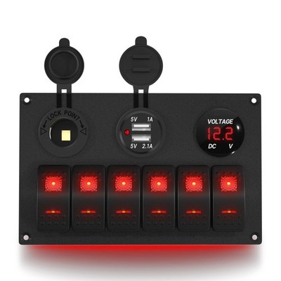 6 Gang Rocker Switch Panel 12V Marine Switch Panel Waterproof Red LED 5 Pin M...