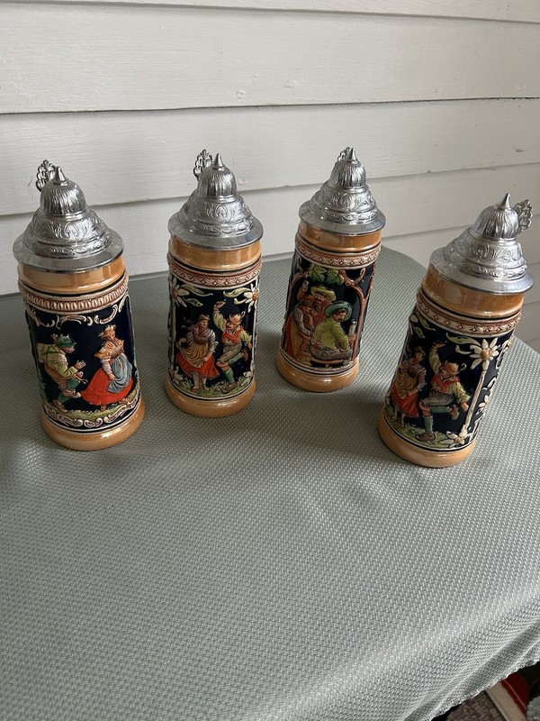 Germany Breweriana Set of 4 Lidded Beer Steins/Mugs w/ Metal Lids, Relief Decor