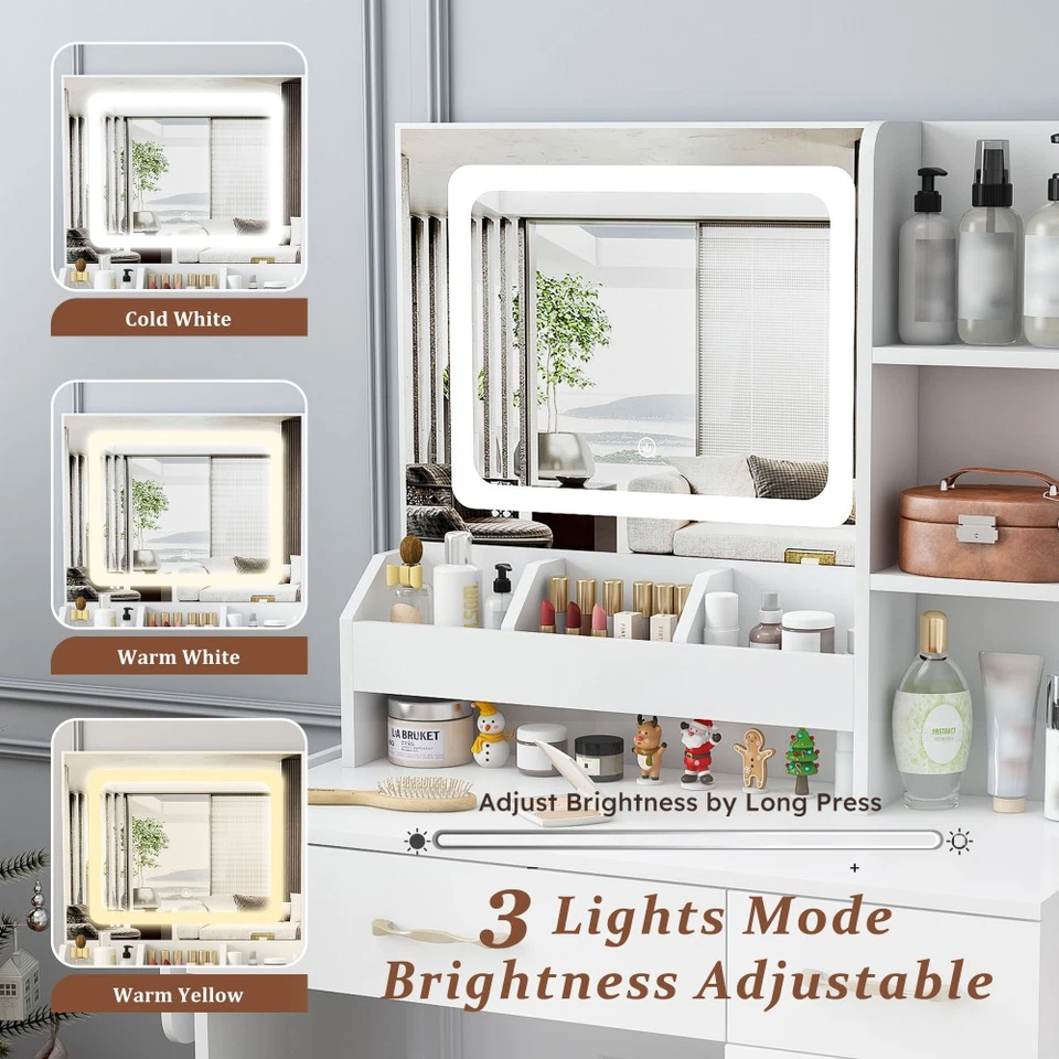 LED Vanity Desk with Storage Stool, Charging Station, Drawers & Mirror for Women - Image 3 of 4