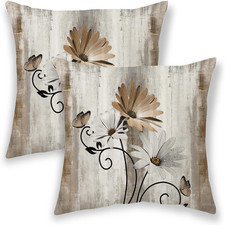 Brown Floral Pillow Covers 18X18 Inch 2 Pcs, Vintage Daisy Flower Butterfly Deco