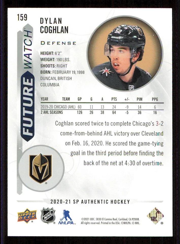 2020-21 SP Authentic #159 Dylan Coghlan RC /999 - Image 2 of 2