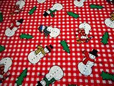 Christmas Fabric Short Yard Snowmen Trees on Red & Ivory Checks Cotton #15 Vtg C