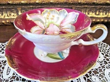 ROYAL SEALY  tea cup and saucer red floral and 3 legged footed teacup Japan 40s