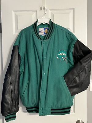 Vintage NY Jets Green Black Leather Sleeve Logo Athletic Varsity Jacket  Size L