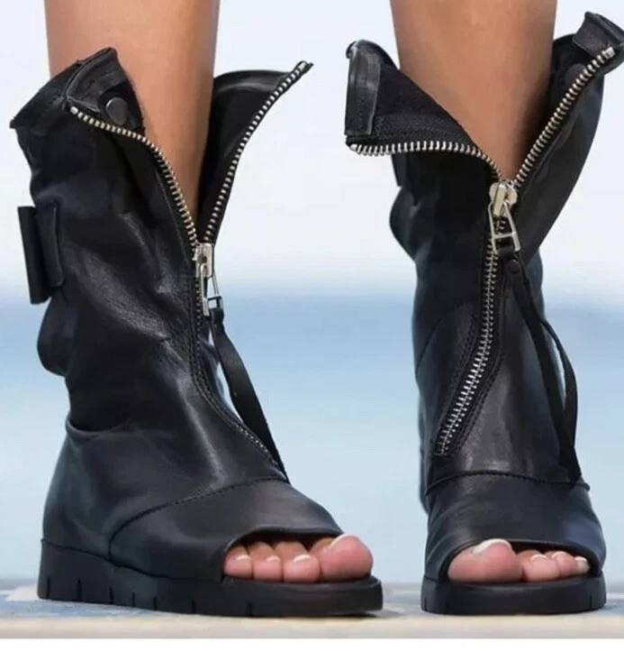 TinsTree Faux Leather Open Toe Flat Booties Zip Up Black Ankle