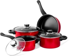 Nonstick Carbon Steel 7 pieces. Cookware Set Dutch Oven Fry Pan Sauce Pan Red