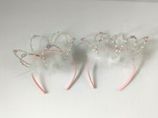 2 Little Girl's Pink Princess Beaded Tiara Crown Headbands with White Feathers