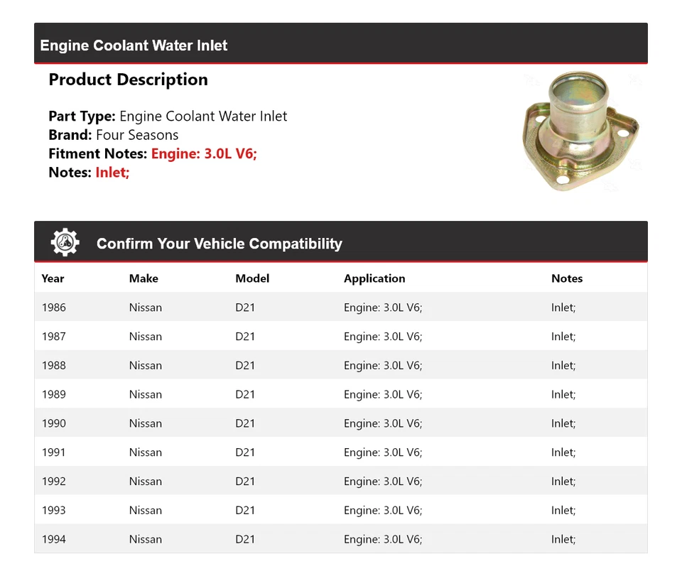 Para Nissan D21 1986-1994 3,0 L motor V6 refrigerante entrada de agua 4 estaciones 1987 1988 Foto 2 de 4