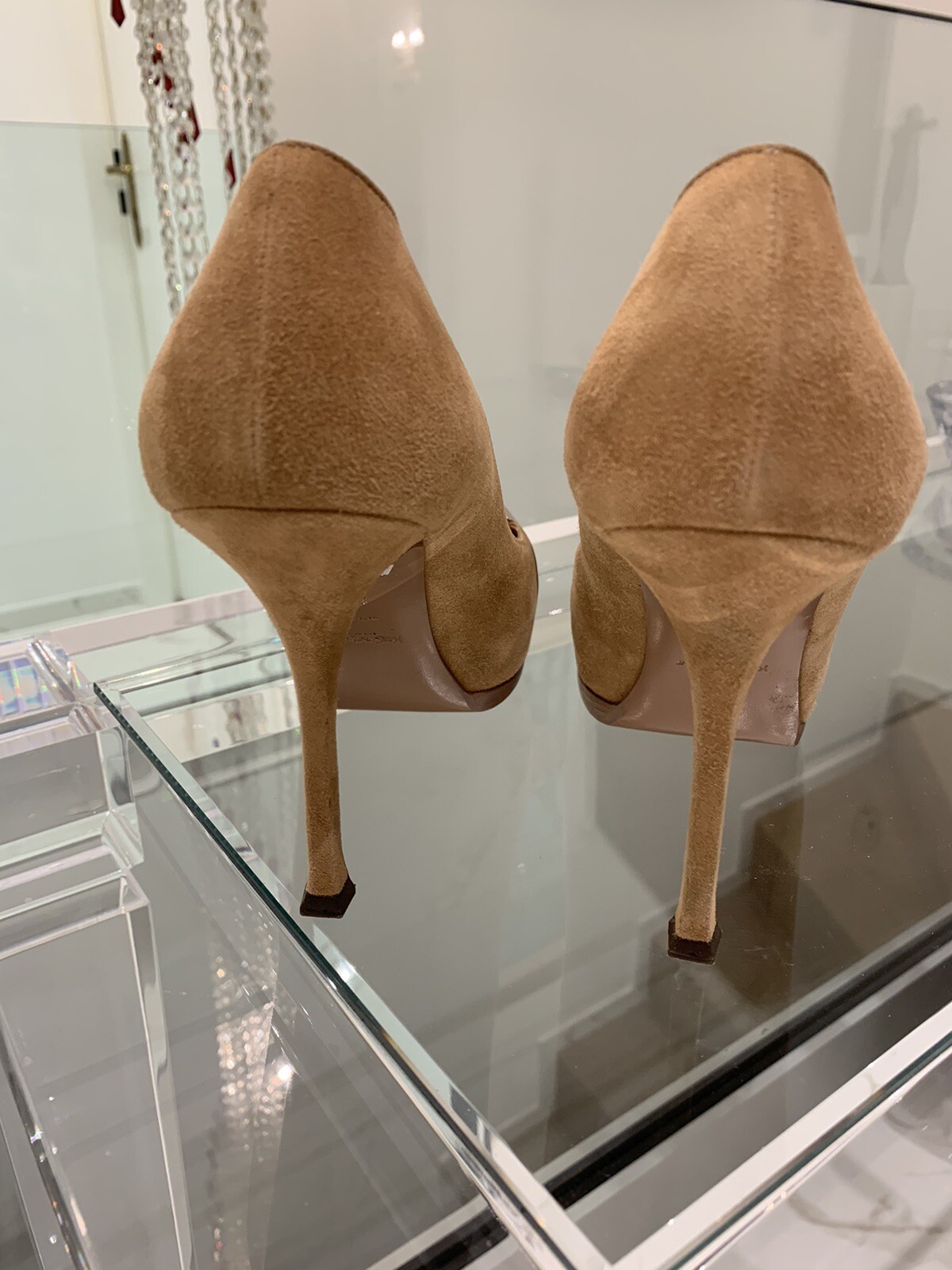 SAINT LAURENT Décolleté YSL Tribute Tribtoo in pelle verniciata scamosciata plateau nude marrone taglia 39 5