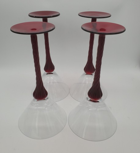Vintage Bombay Scarlett Ruby Red Twisted Stem Blown Glass Martini Set Of 4 Rare - Picture 3 of 12
