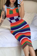 Ladies Knit Pencil Dress Large Striped Multicolored Rainbow Stretch Round Neck