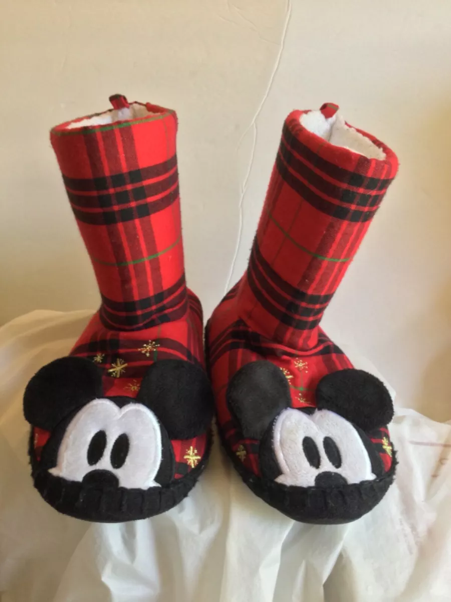 Disney Mickey Mouse Kids Unisex Sleepers Boots Red Black Size 2 3Flat Slip On