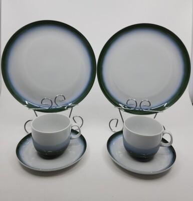 Set 2 Arzberg Form 5500 Green Fade Porcelain Tea Trios - German Cup Saucer Plate