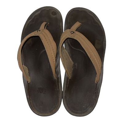 Olukai Brown Leather Thong Flip Flops Sandals Men display picture 2