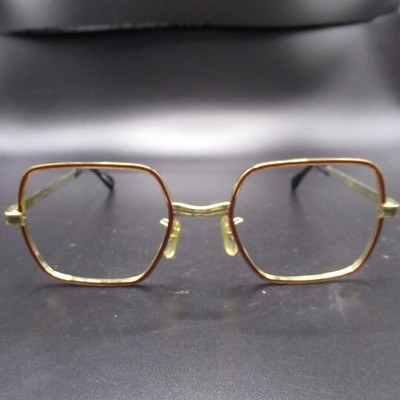 Vintage Gold Tone Red Trim Octagonal Eyeglass Frames 52-20 Frame Japan
