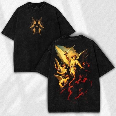 Archangel Warrior Washed Tee: Vintage Christian Faithcore Streetwear - Angel Bat