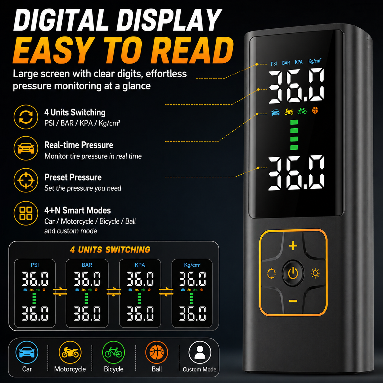 Large digital display tire inflator with real time pressure and preset pressure control