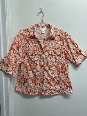 Rebecca Malone Womens Large 3/4 Sleeve Orange Geometric Cotton Blend