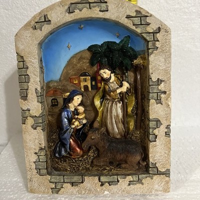 Hand-Painted Holy Family Nativity Wall Plaque   3D Relief Scene in Stone Finish