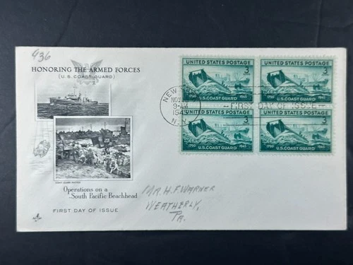 US FDC 1945 Coast Guard 3c Block of 4 Armed Forces South Pacific Artcraft b76