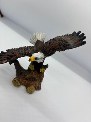 Bald Eagle Figurine Statue on Tree Stump Wings Spread Resin Wildlife Decor USA