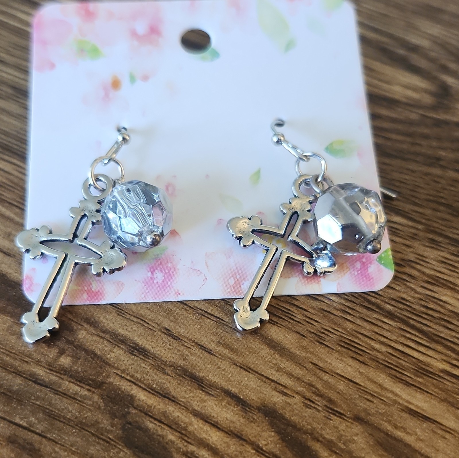 Silver Tone Cross Dangle Drop Hook Earrings Clear Round Crystal Bead