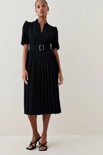 Karen Millen Structured Crepe Forever Pleat Dress UK 14 Black Midi RRP 219 Belt