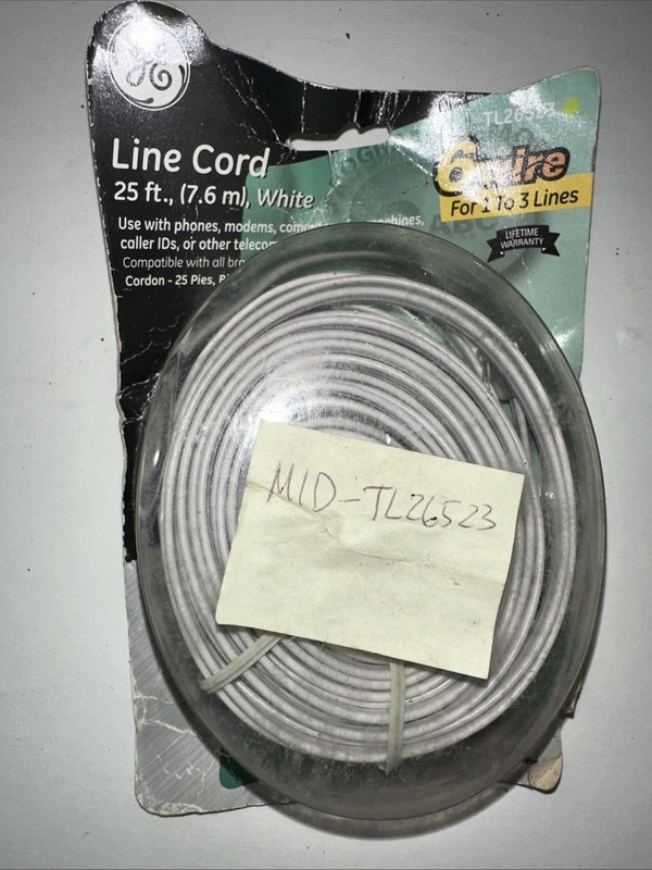 GE Line Cord White 25ft TL26523 6 Wire