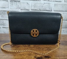 Tory Burch Black Pebbled Leather Chain Crossbody Shoulder Bag Gold Logo Read