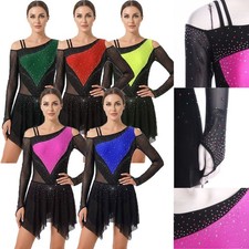 Womens Dress Shiny Dancewear Crotch Bodysuit Rhinestone Tiered Contemporary Hem